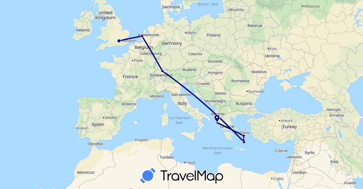 TravelMap itinerary: driving in Switzerland, United Kingdom, Greece, Netherlands (Europe)